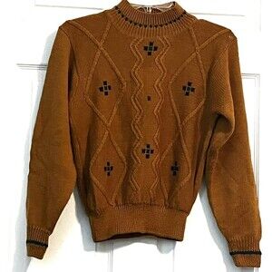 Y2K PS Illustration Woman Mustard Yellow Mock Neck Sweater Embroidered Size S